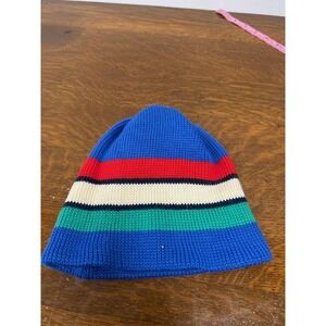 VTG Smiley Hat Beanie Multicolor Striped Wool Lined Knit Winter Mens USA